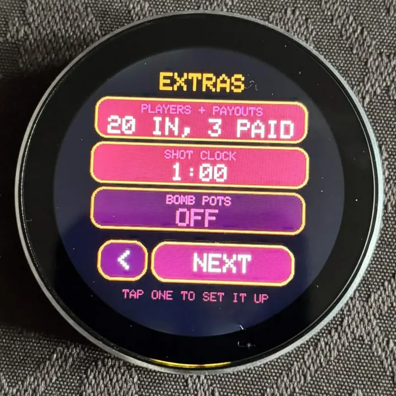 PUCK’em extras screen for players, payouts, shot clock and bomb pots