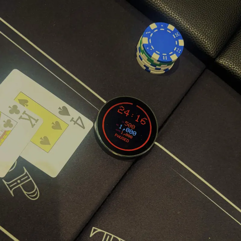 PUCK’em paused mid-tournament at blinds of 500 and 1,000 with a 1,000 ante